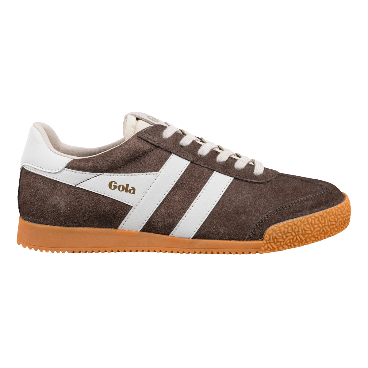 Gola Classics brown suede trainer with white side stripes and gum sole