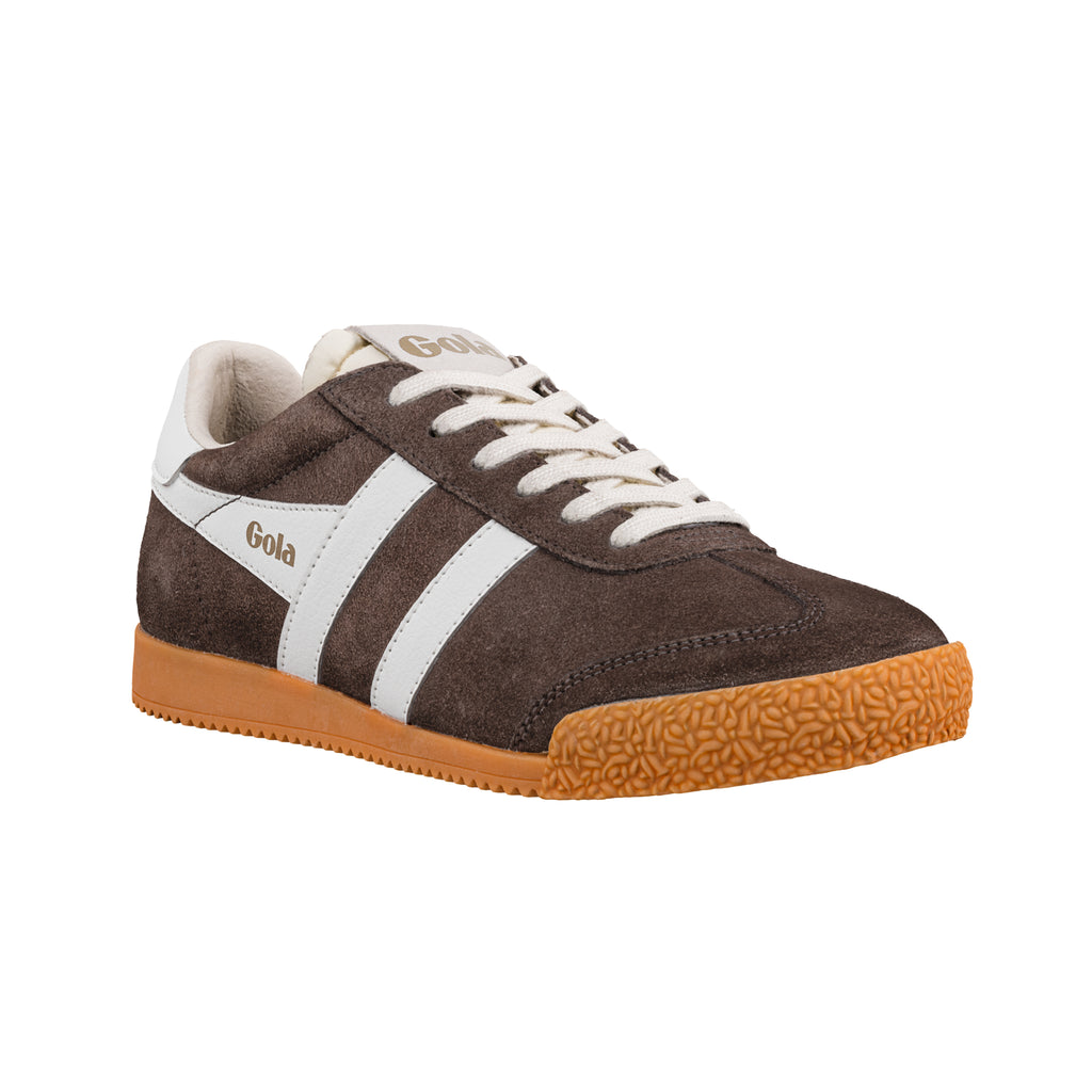 Brown suede Gola trainer with white side stripes and a gum rubber sole