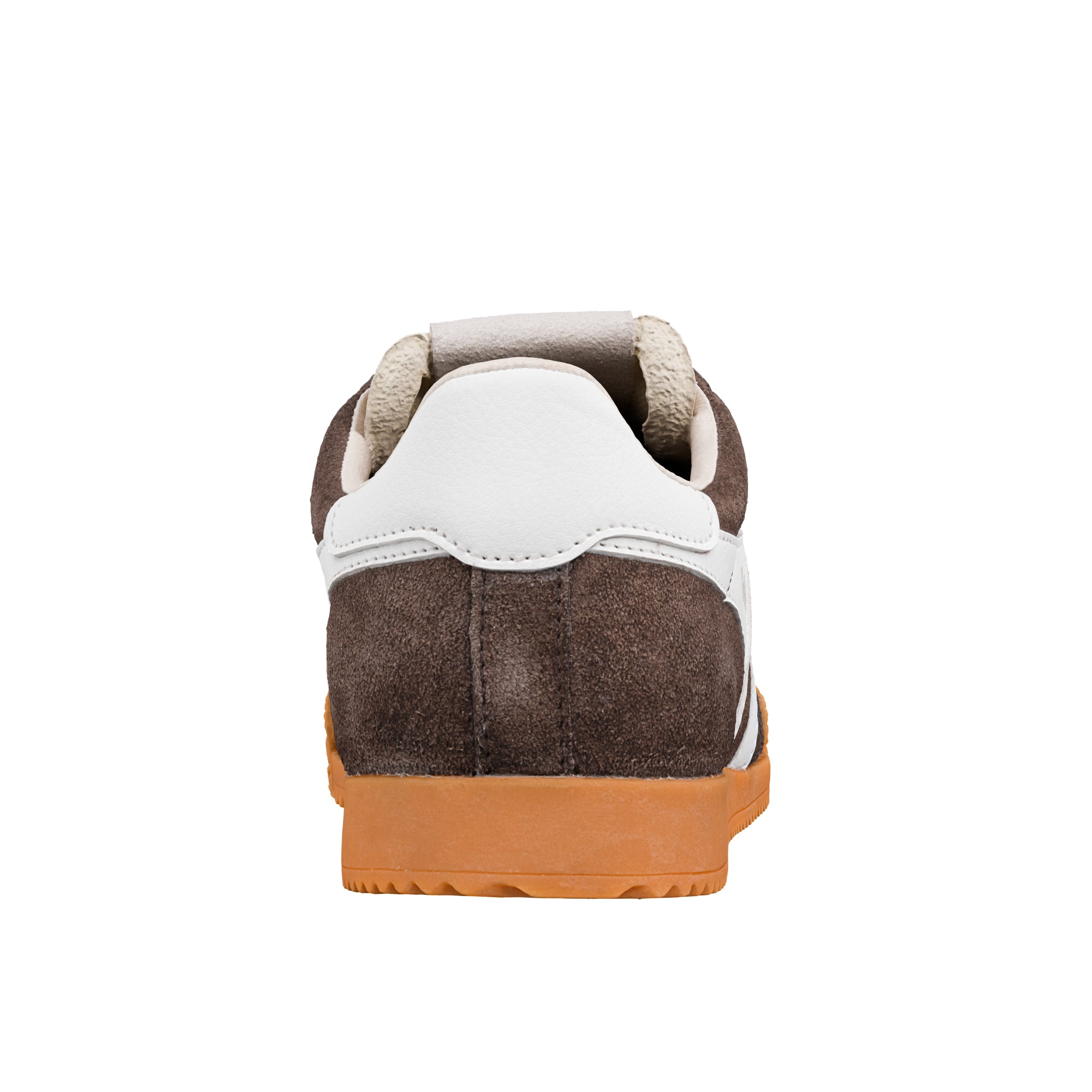Rear view of a brown suede trainer with a white heel tab and gum rubber sole