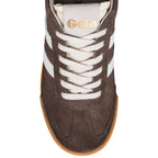 Brown suede Gola trainer with white laces and gum sole
