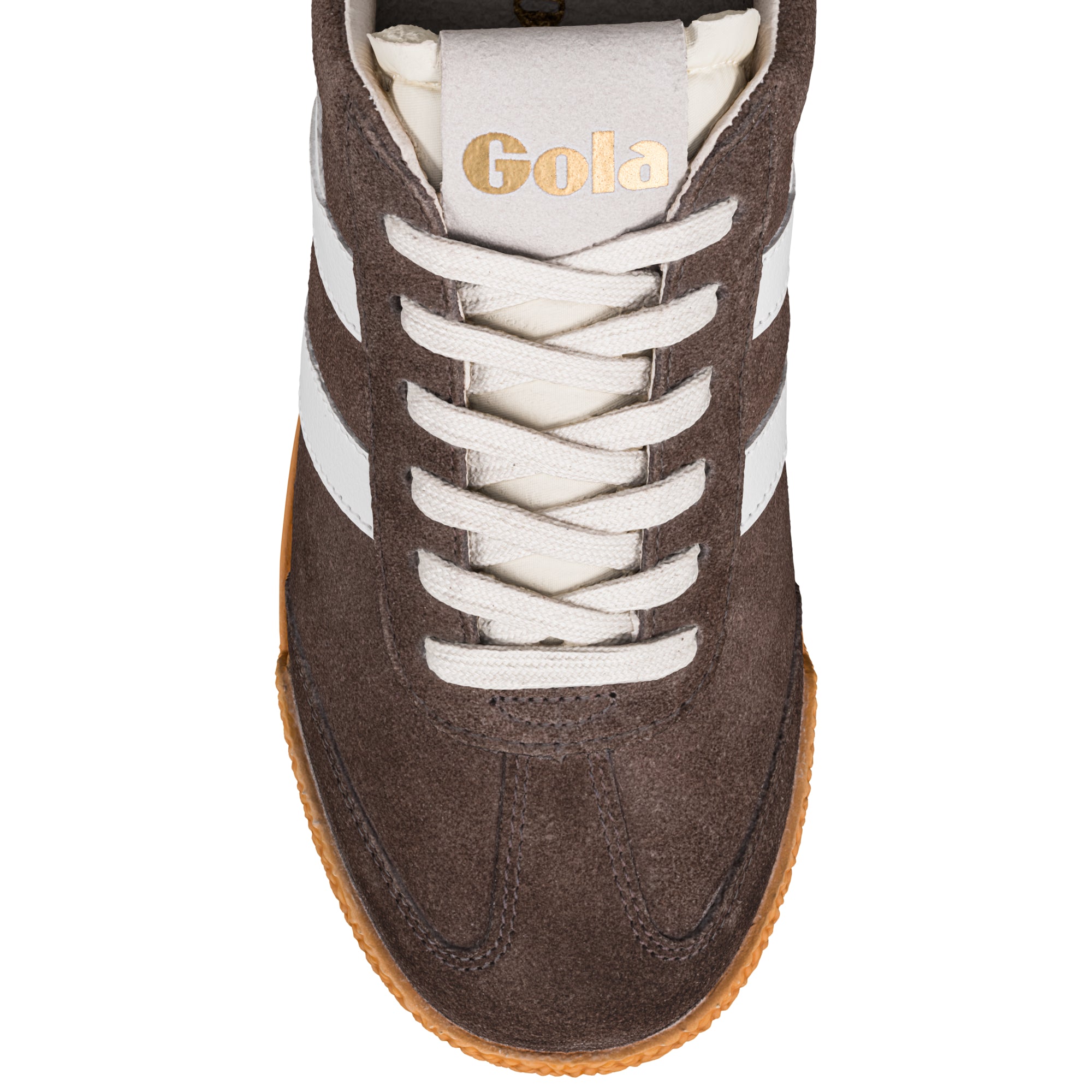Brown suede Gola trainer with white laces and gum sole