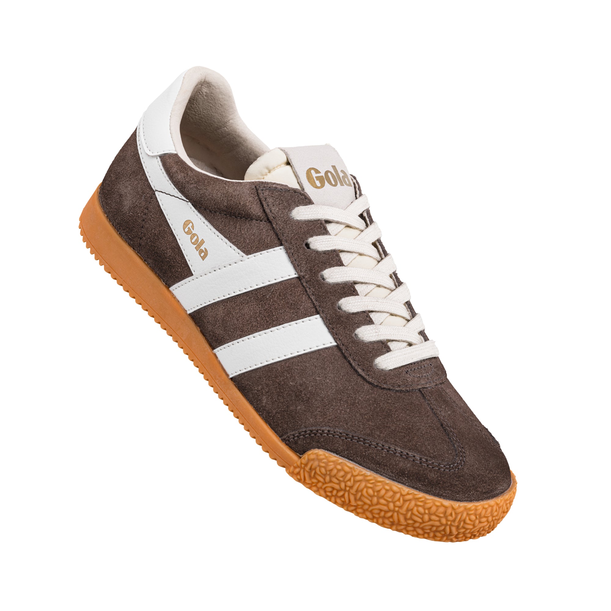 Brown suede Gola trainer with white side stripes and a gum rubber sole