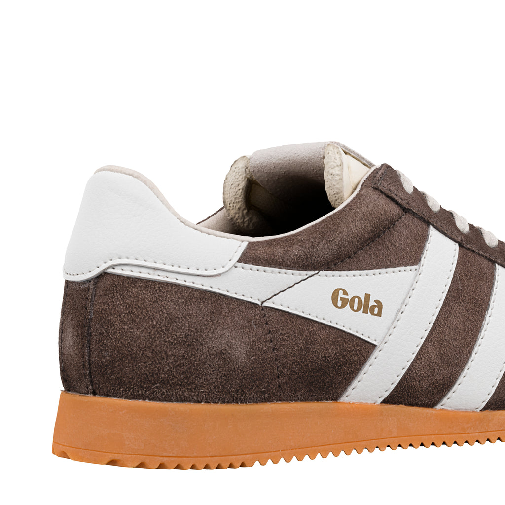 Rear view of a brown suede Gola trainer with white side stripes and a gum rubber sole