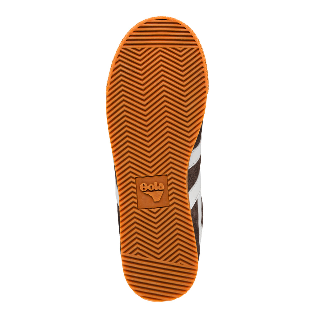 Brown rubber trainer sole with chevron tread pattern and Gola logo