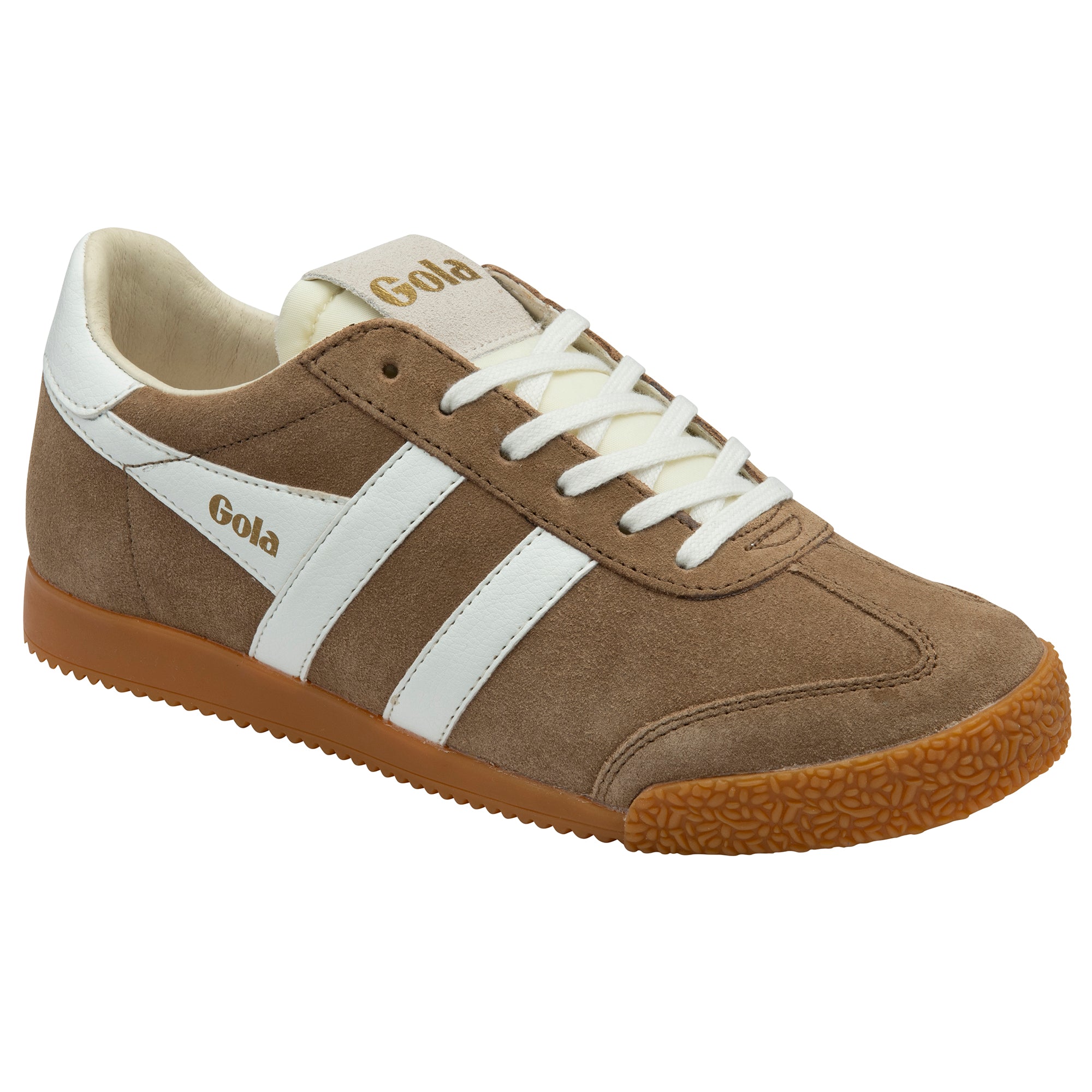 Brown trainer with white stripes and laces on a white background