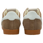 Brown suede trainers with gum soles on a white background