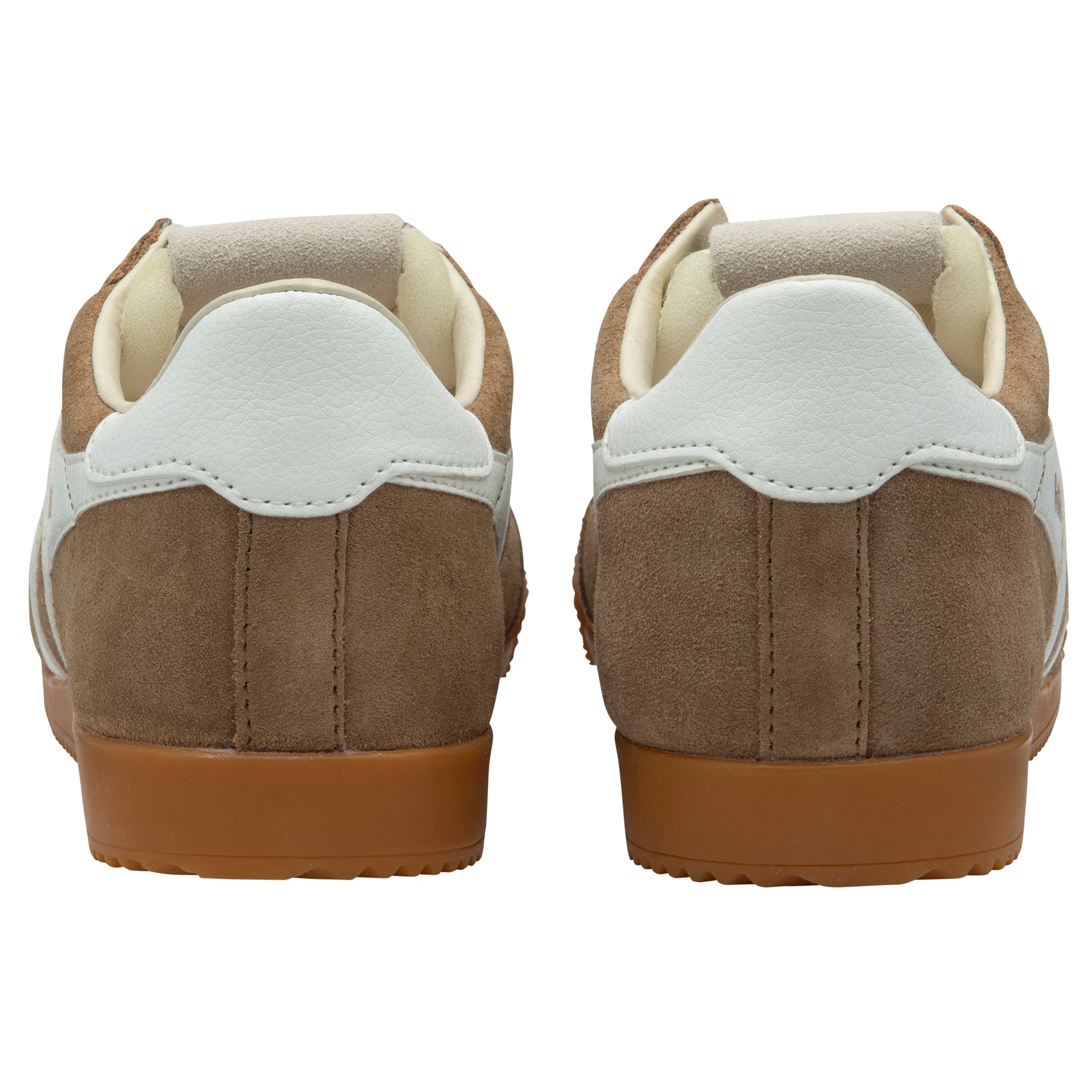 Brown suede trainers with gum soles on a white background