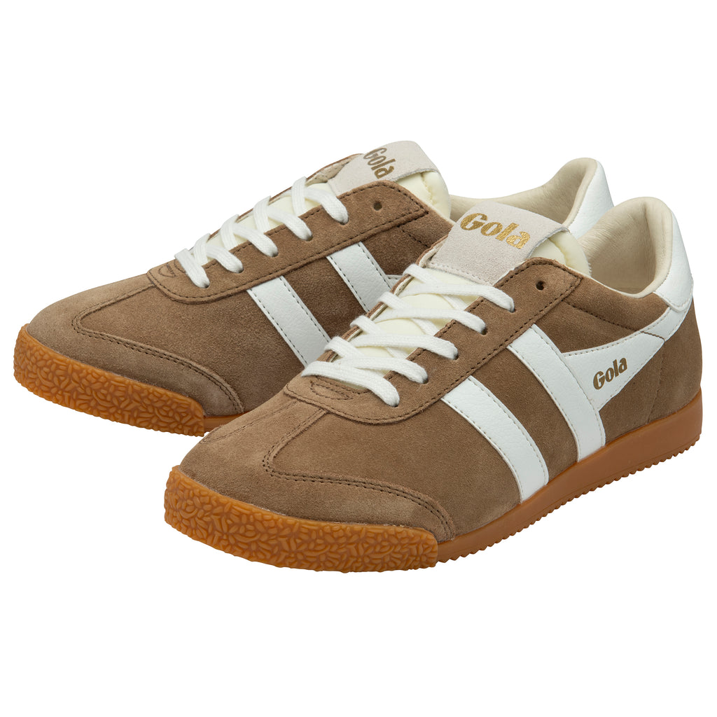 Pair of brown trainers with white laces and stripes on a white background
