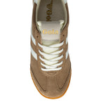 Brown trainer with white laces and 'Gola' branding on a white background