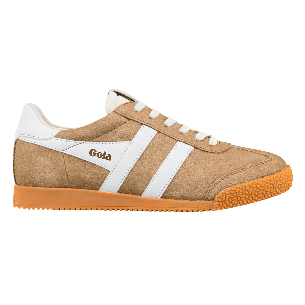 Tan suede Gola trainer with white side stripes and gum sole