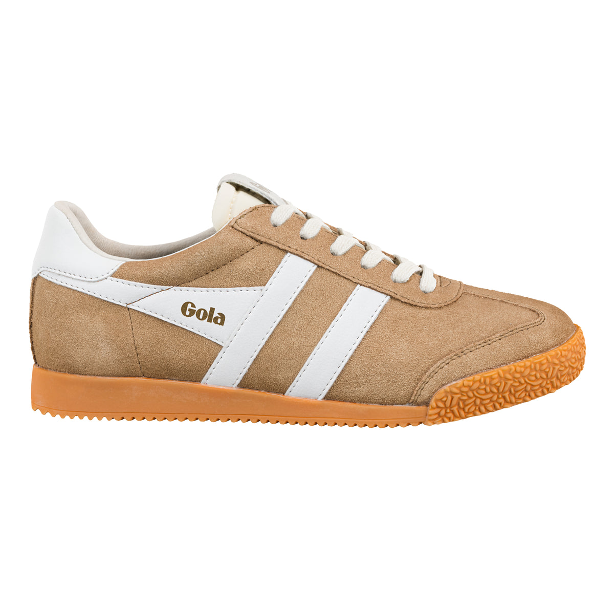 Gola Classics tan suede trainer with white side stripes and gum sole