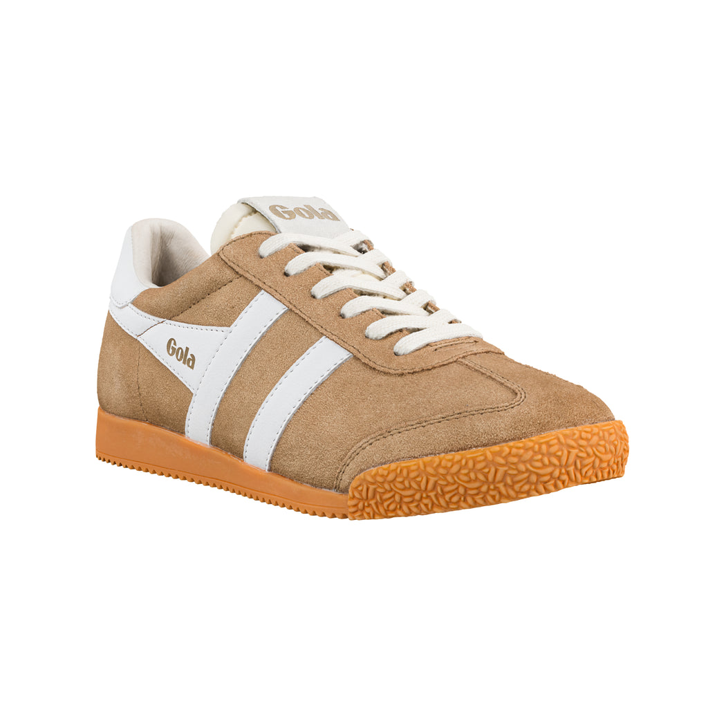 Tan suede Gola trainer with white side stripes and gum rubber sole
