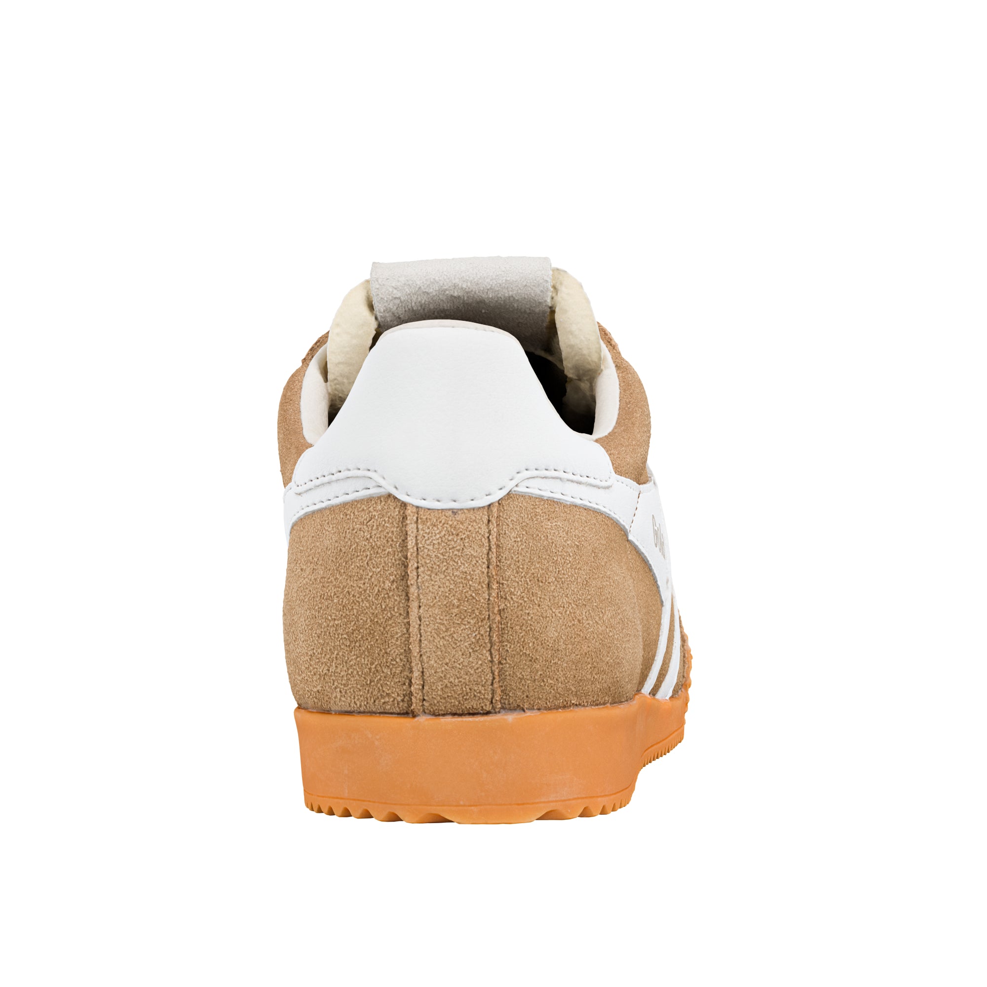 Rear view of a tan suede trainer with a white heel tab and gum rubber sole