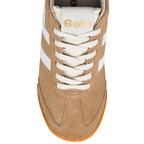 Tan suede Gola trainer with white side stripes and gum sole