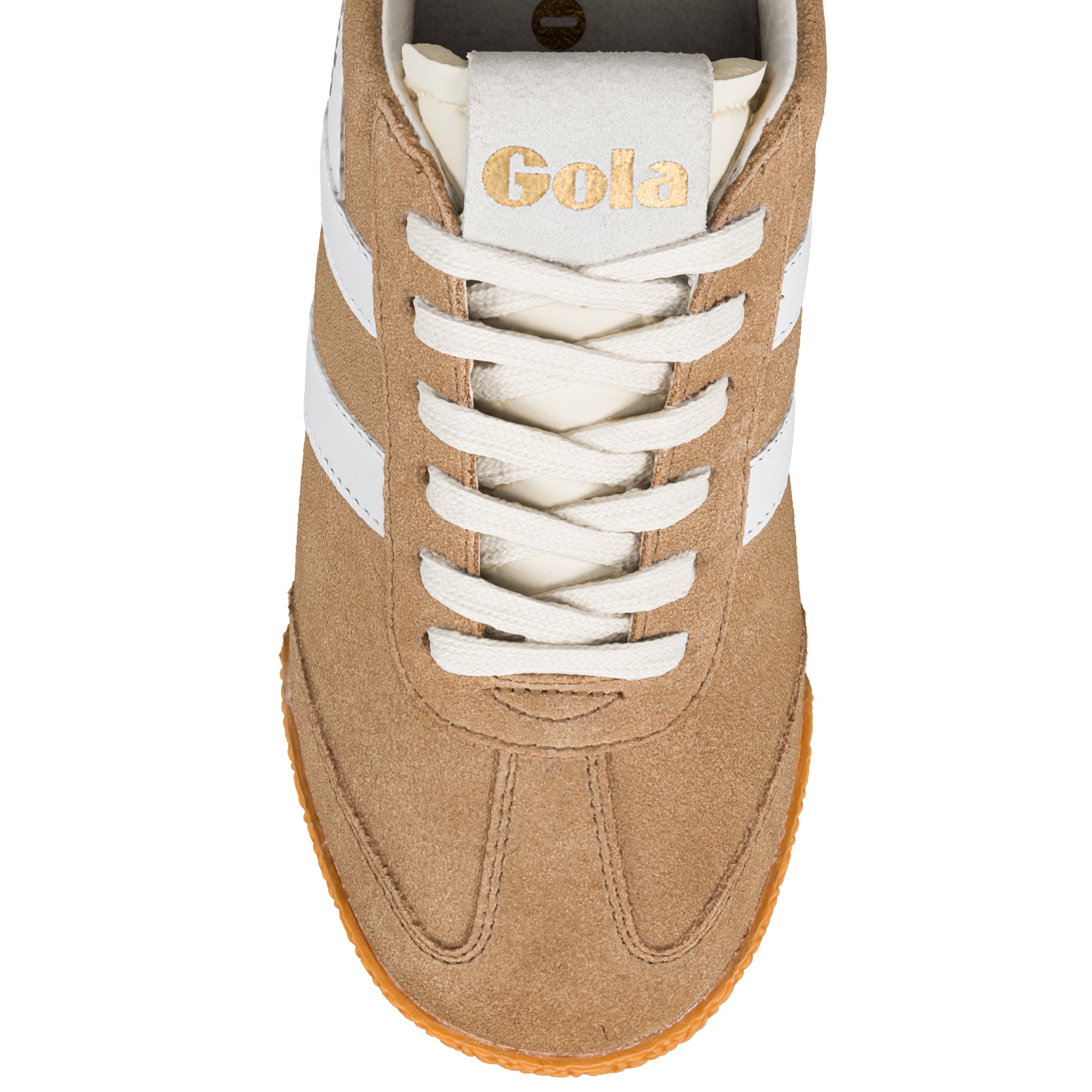 Tan suede Gola trainer with white side stripes and gum sole