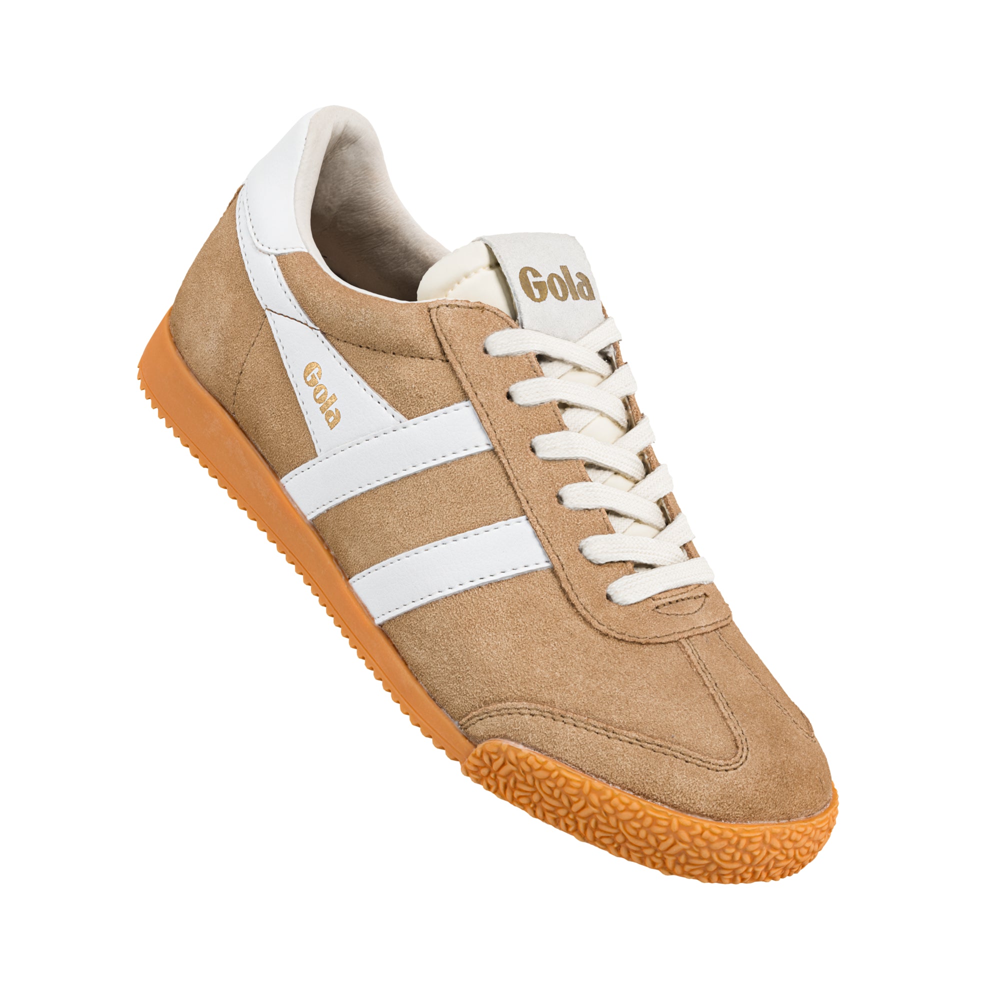 Tan suede Gola trainer with white side stripes and gum rubber sole