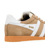 Close up of tan suede Gola trainer with white side stripes and gum sole
