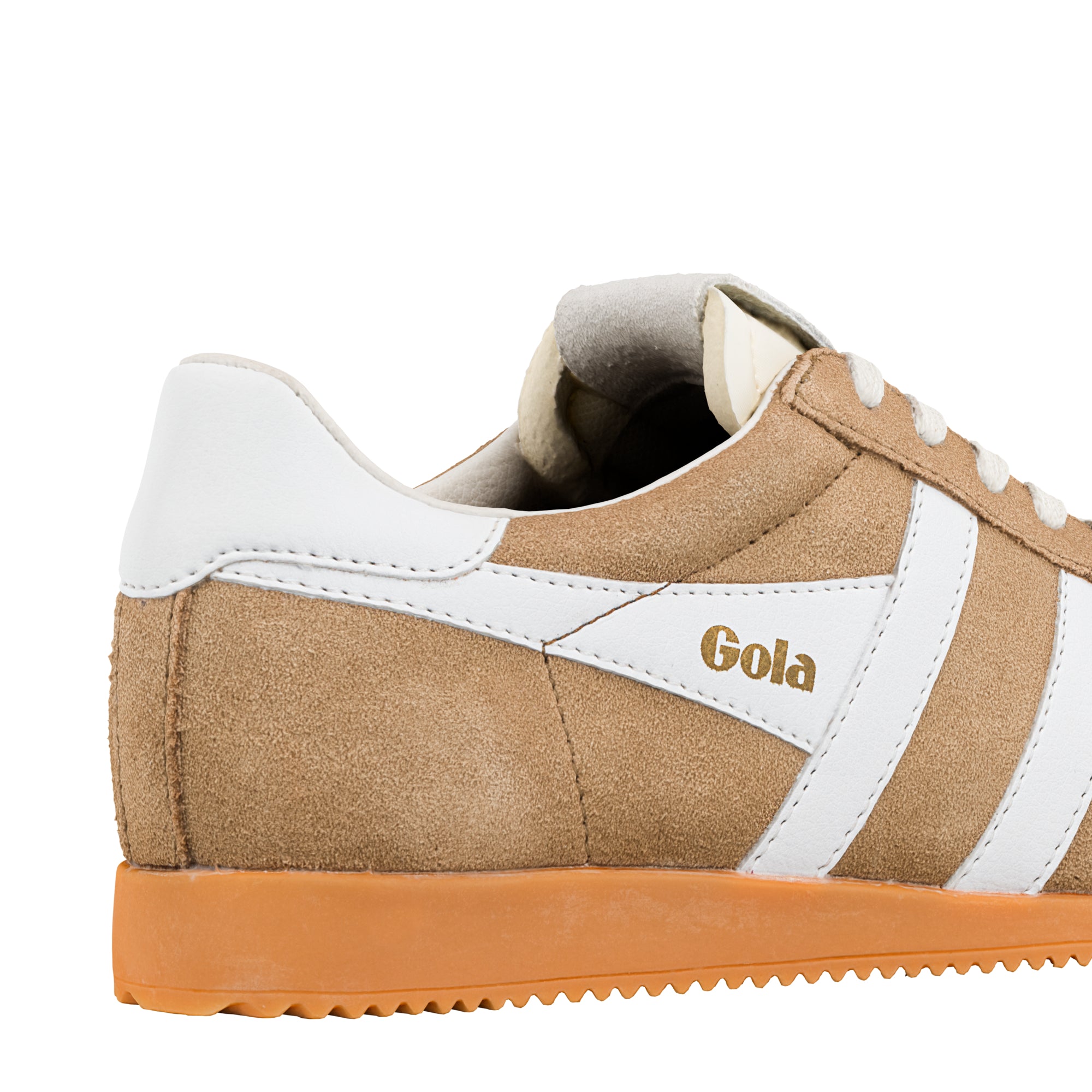 Close up of tan suede Gola trainer with white side stripes and gum sole