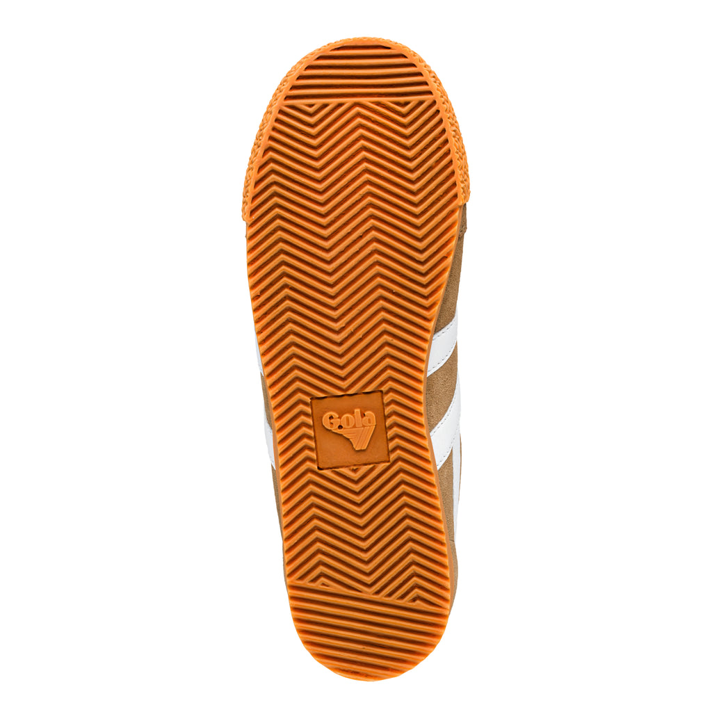 Orange rubber trainer sole with chevron tread pattern and Gola logo