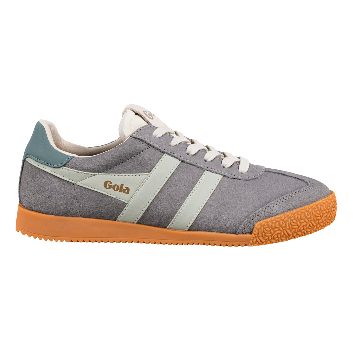 Gola Classics grey suede trainer with pale green side stripes and gum rubber sole