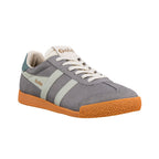 Grey suede Gola trainer with cream laces and a gum rubber sole