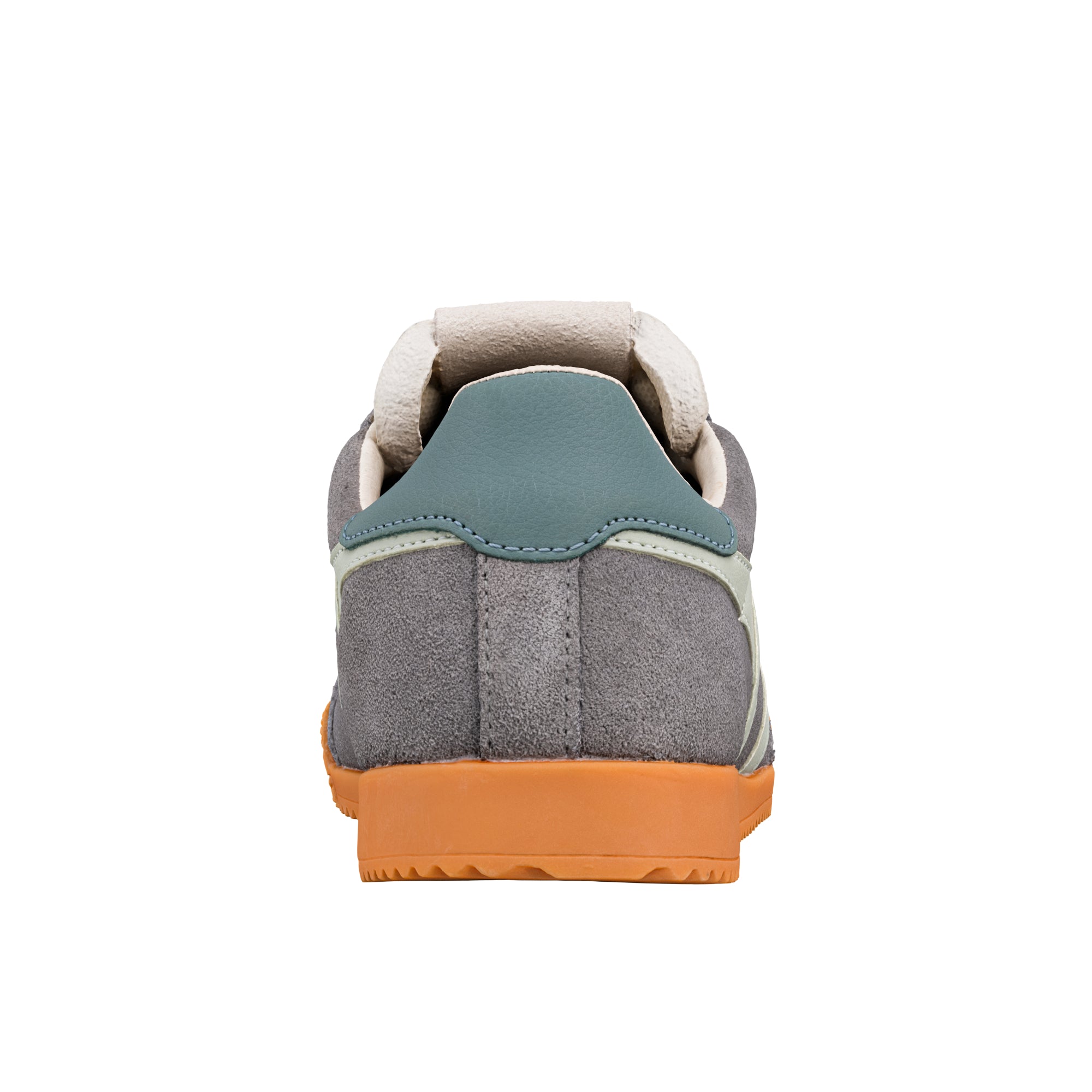 Rear view of a grey suede trainer with a teal heel tab and orange rubber sole
