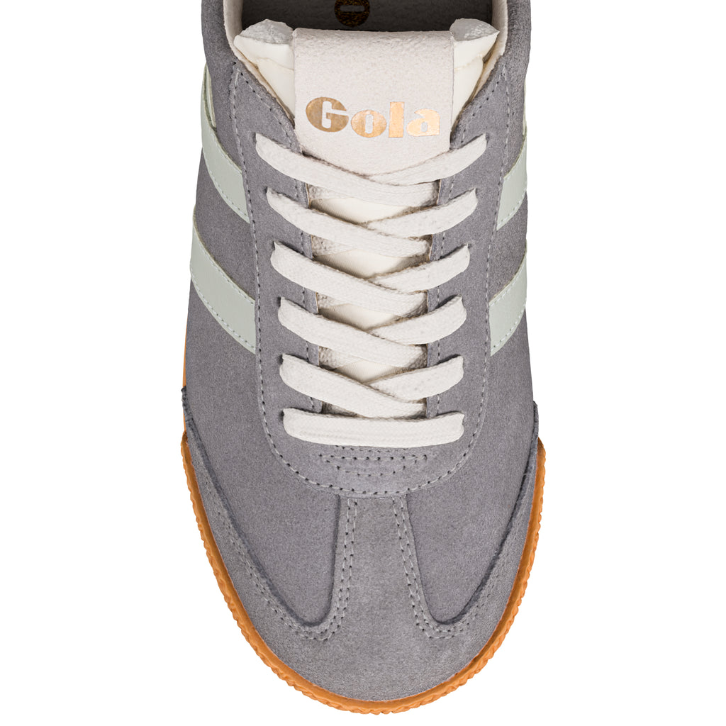 Grey suede Gola trainer with white laces and gum sole