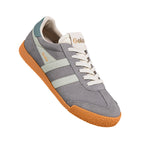 Grey suede Gola trainer with cream laces and a gum rubber sole