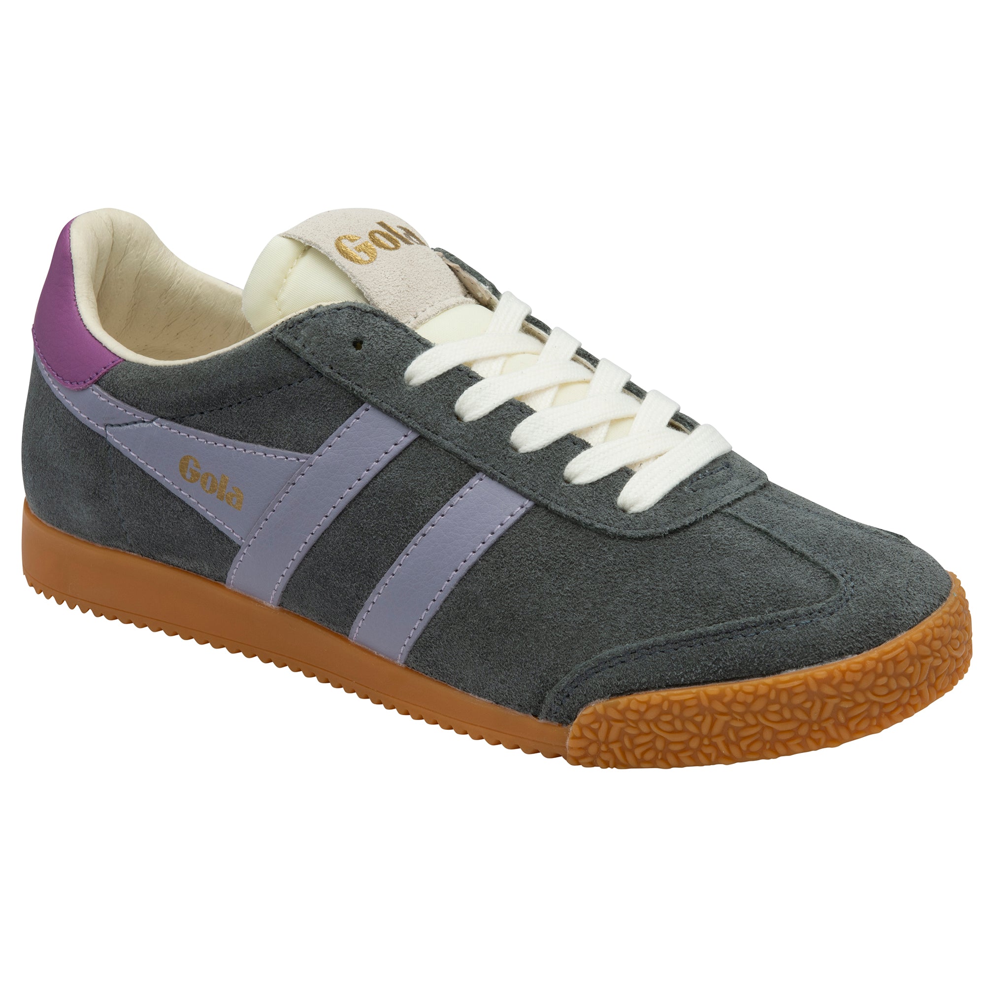 Grey trainer with purple accents and white laces on a white background