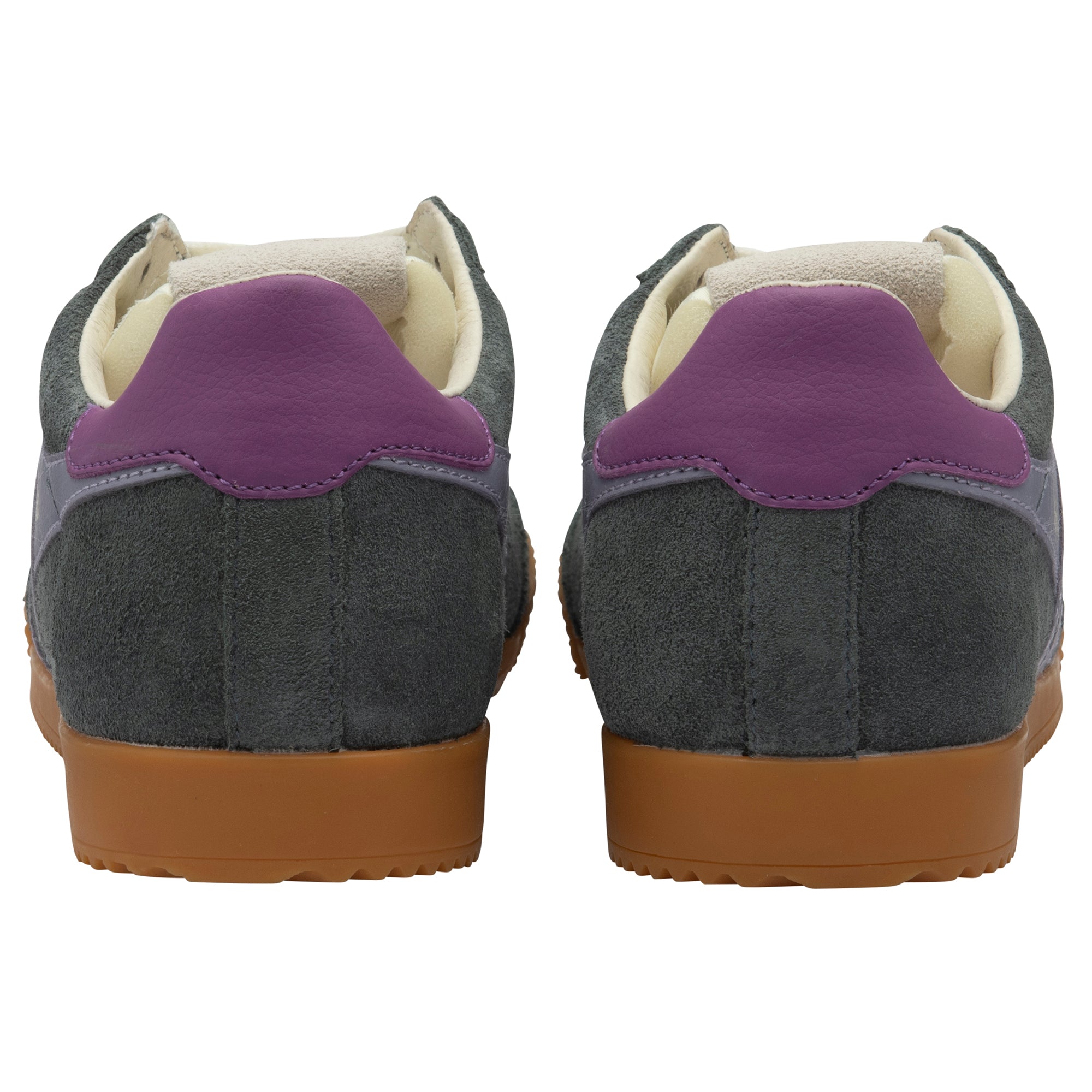 Pair of grey trainers with purple heel tab on a white background