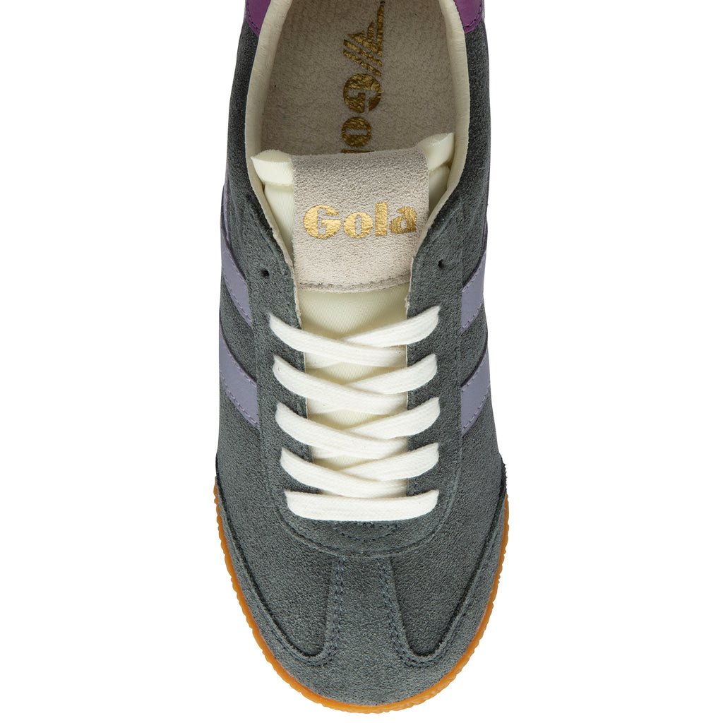 Grey trainers with white laces and 'Gola' branding on a white background
