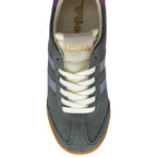 Grey trainers with white laces and 'Gola' branding on a white background