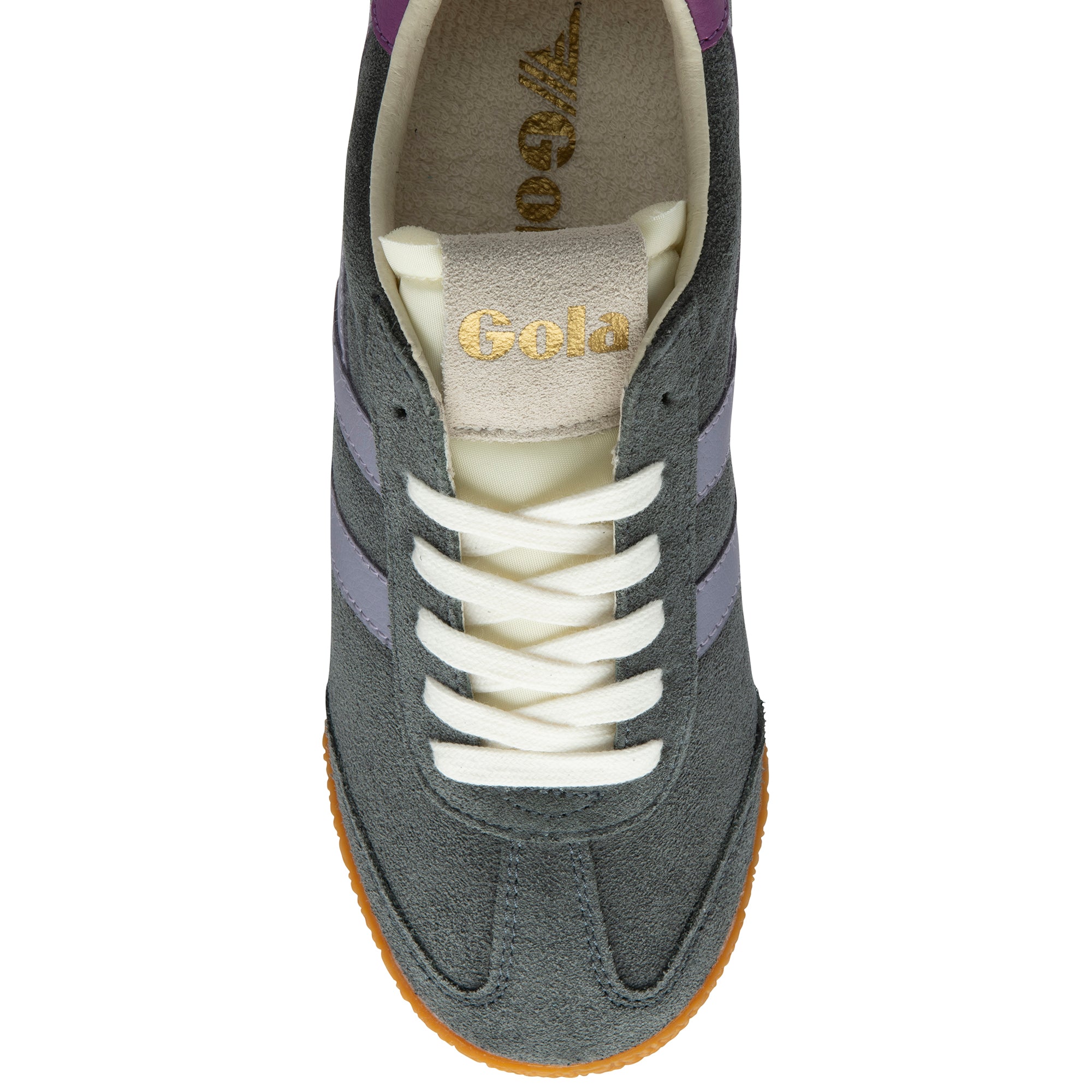 Grey trainers with white laces and 'Gola' branding on a white background