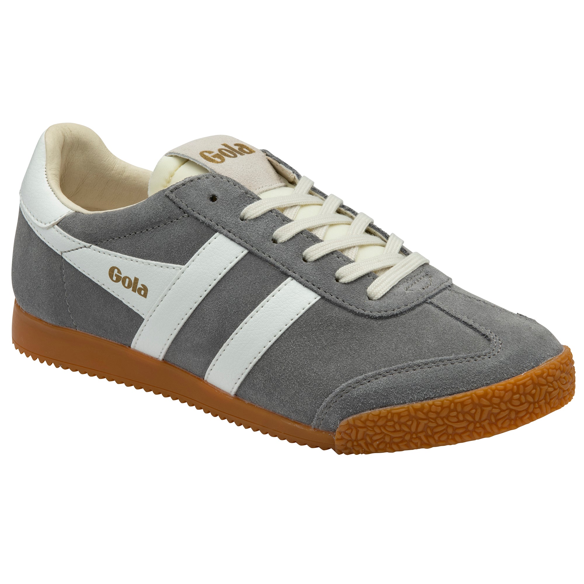 Grey trainer with white stripes and brown sole on a white background