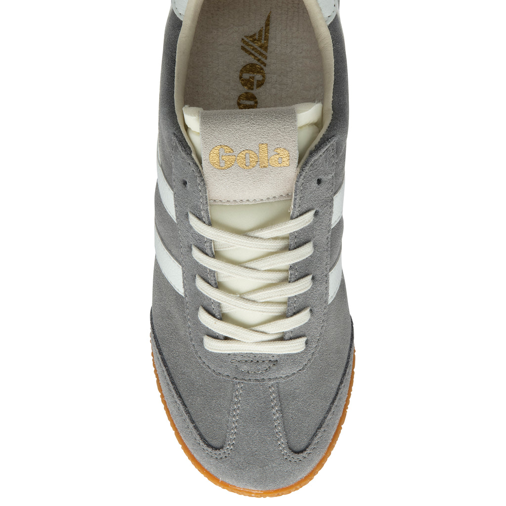 Grey trainer with white stripes and 'Gola' branding on a white background