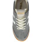 Grey trainer with white stripes and 'Gola' branding on a white background