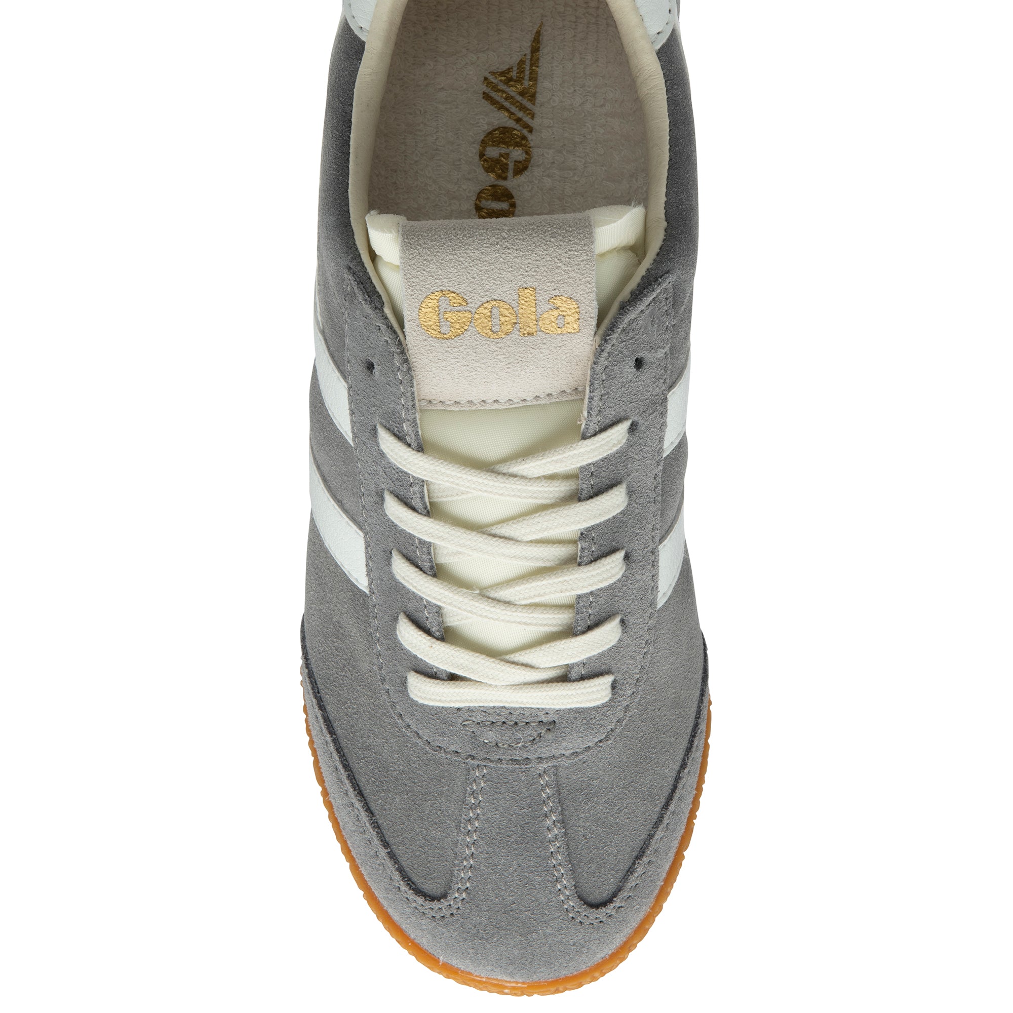 Grey trainer with white stripes and 'Gola' branding on a white background
