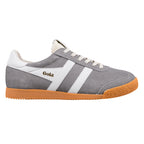 Grey suede Gola trainer with white side stripes and a gum rubber sole