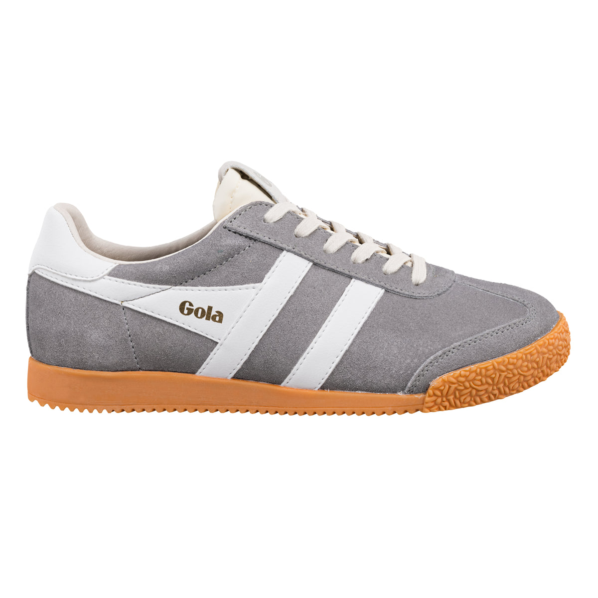 Gola Classics grey suede trainer with white side stripes and gum rubber sole