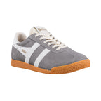Grey suede Gola trainer with white side stripes and a gum rubber sole