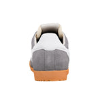 Rear view of a grey suede trainer with a white heel tab and gum rubber sole
