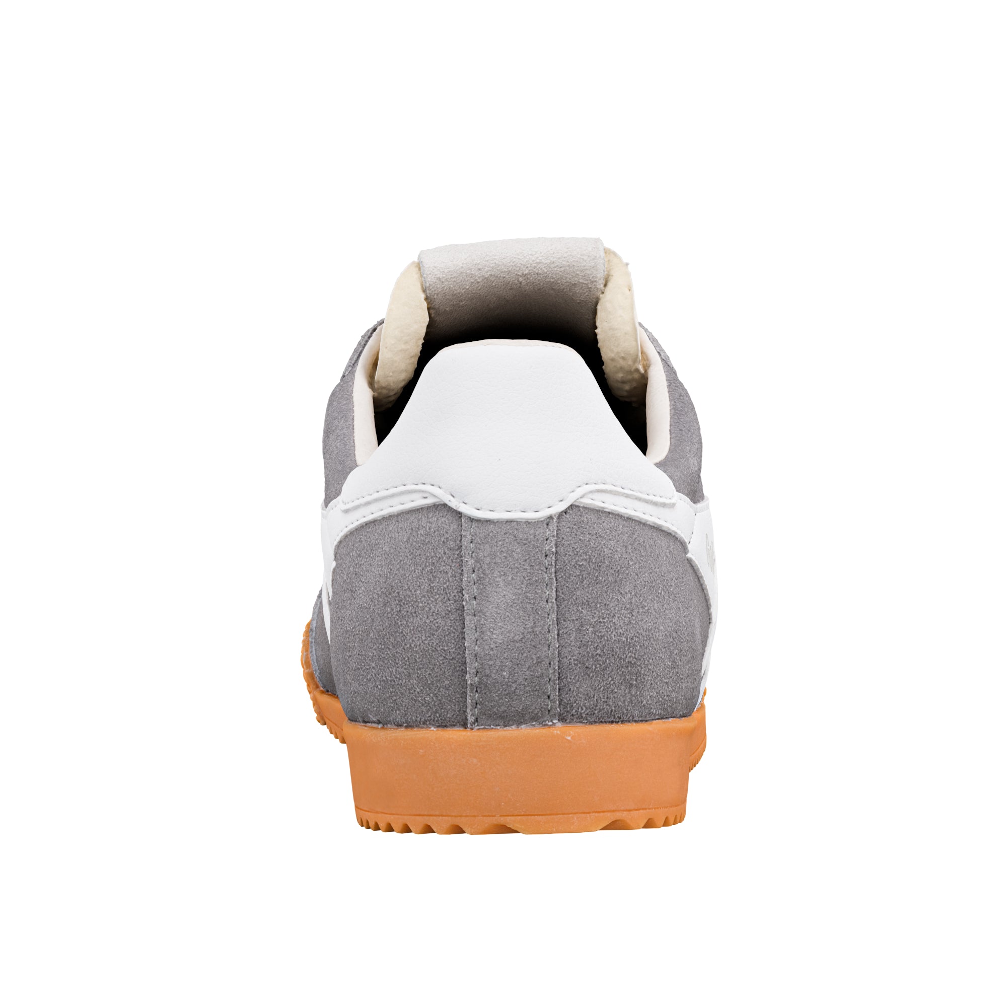Rear view of a grey suede trainer with a white heel tab and gum rubber sole