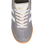 Grey suede Gola trainer with white laces and gum sole
