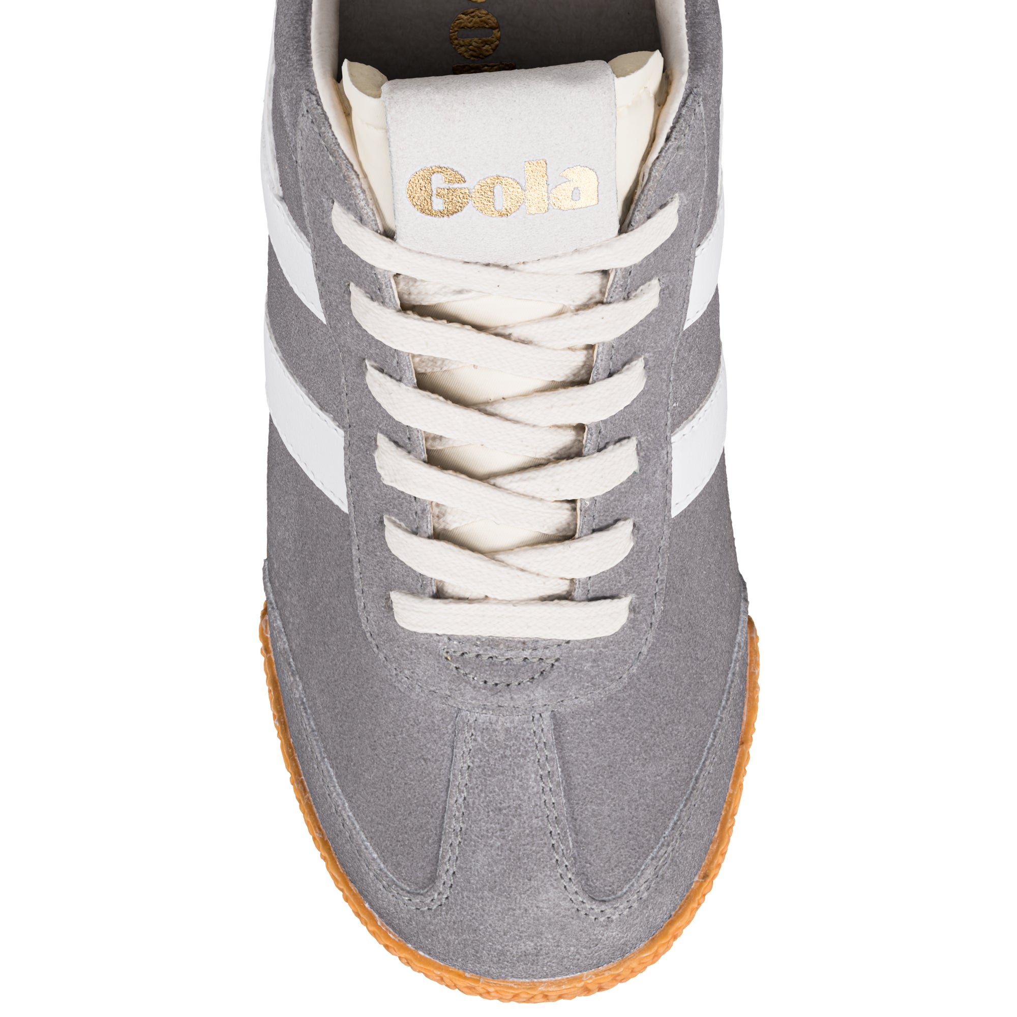 Grey suede Gola trainer with white laces and gum sole