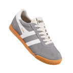 Grey suede Gola trainer with white side stripes and a gum rubber sole