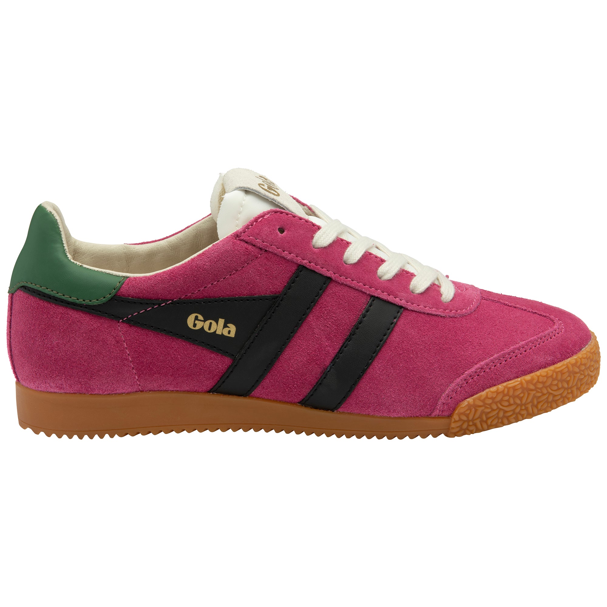 Pink trainer with green heel and black stripes on a white background