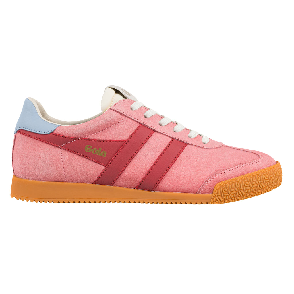 Pink suede Gola trainer with red side stripes and a gum rubber sole