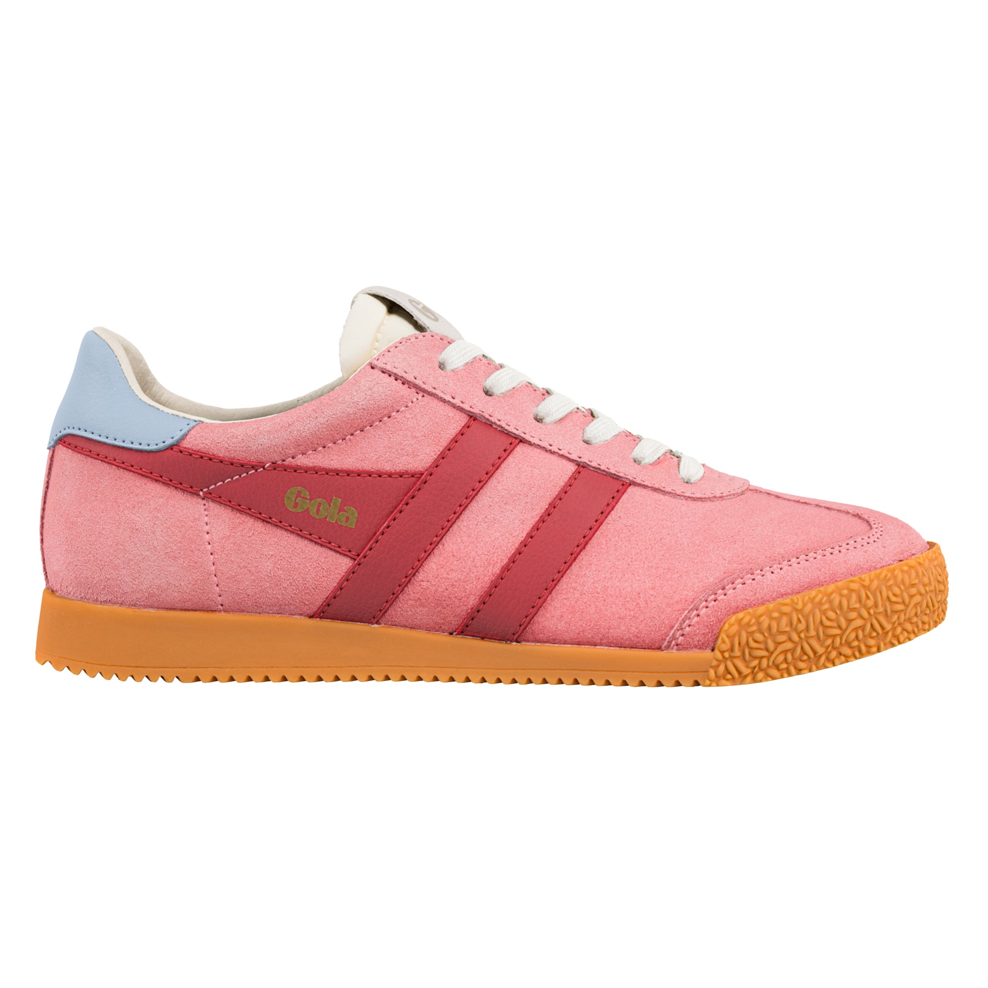 Pink suede Gola trainer with red side stripes and a gum rubber sole