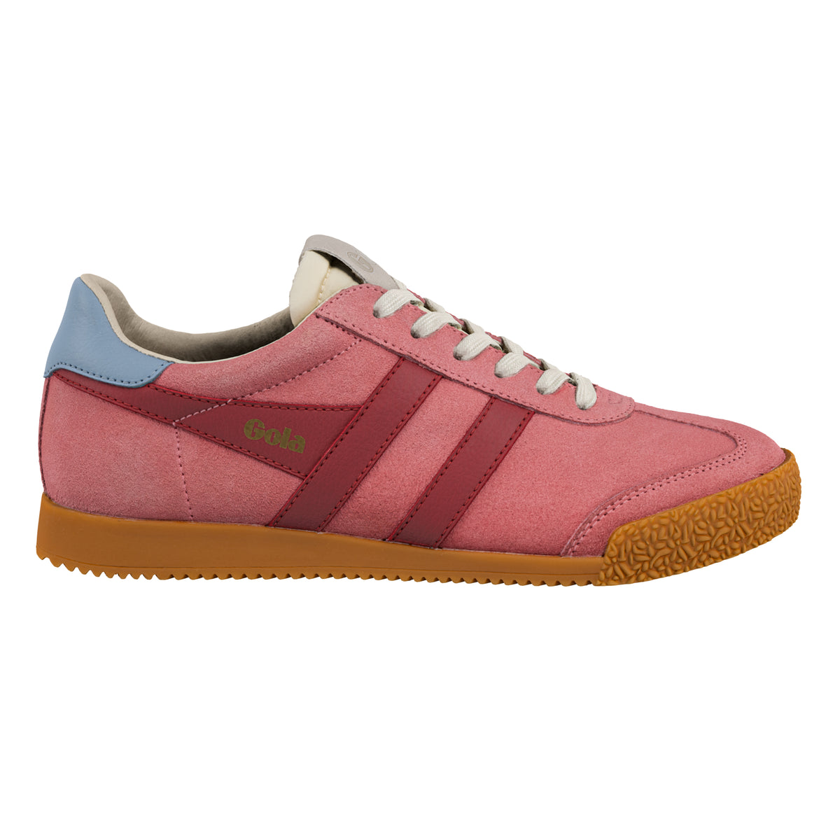 Gola Classics pink suede trainer with a gum sole and blue heel tab