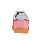 Rear view of a pink suede Gola Classics trainer with a light blue heel tab and orange rubber sole